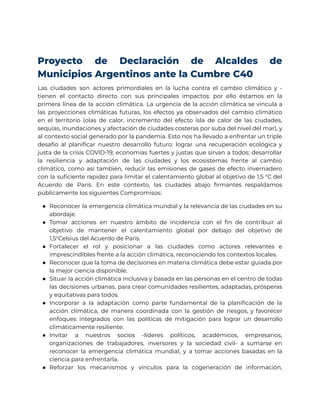 Proyecto de Declaración de Alcaldes de
Municipios Argentinos ante la Cumbre C40
Las ciudades son actores primordiales en l...