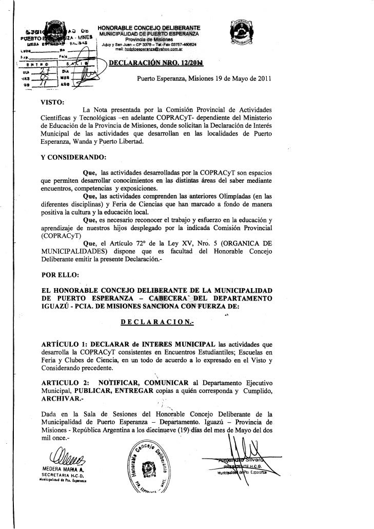 Declaración de Interés Municipal - Puerto Esperanza