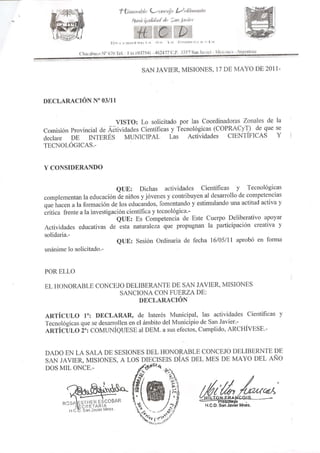 Declaración de Interés Municipal - San Javier