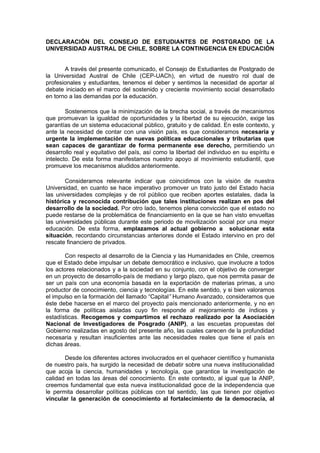 Declaración del consejo de estudiantes de postgrado de la universidad austral de chile, sobre la contingencia en educación