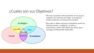 ¿Cuales son sus Objetivos?
•Alcanzar acuerdos internacionales en los que se
respeten los intereses de todos, se proteja el
medio ambiente y el desarrollo mundial.
•Para ello se deben alcanzar el equilibrio entre las
distintas partes: ecológicas, sociales y
económicas, todas ellas deben de existir, para
conseguir el Desarrollo Sostenible
 