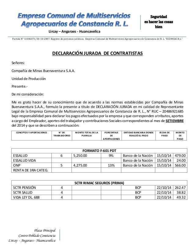 Declaración jurada setiembre