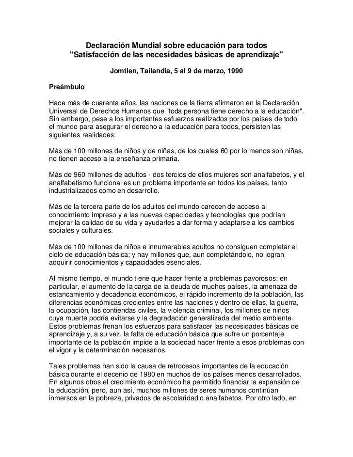 Declaración mundial sobre educación para todos jomtien