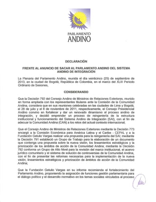 Declaración sobre resolución de protocolo modificatorio del parlamento andino