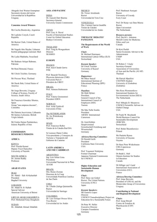 Abogado José Wainer Grampiner         ASIA AND PACIFIC                         MEXICO                              Prof. Hauhouot Asseypo
Secretario técnico del rector                                                  Dr. Victor Arredondo                Rector
Universidad de la República           INDIA                                    Rector                              University of Cocody
Uruguay                               Dr. Ganesh Datt Sharma                   Universidad de Vera Cruz            Ivory Coast
                                      Secretary-General
                                      University Grants Commission             VENEZUELA                           Prof. Dr Rietje van Dam Mieras
Comenius Award Winners                                                         Dra. Carmen García Guadilla         Rector
                                                                               Titular de Cátedra                  Open Universiteit
Ms Cecilia Braslavsky, Argentina      JAPAN                                    Universidad de los Andes            The Netherlands
                                      Prof. Cary A. Duval
Mr Ladislav Cerych, Czech             Faculty of International Studies                                             Resource persons:
Republic                              Center for Global Education              THEMATIC DEBATES’                   Prof. David L. Johnston
                                      Bunkyo University                        PANELISTS                           McGill Centre for Medicine,
Mr Burton Clark, United States of                                                                                  Ethics and Law
America                                                                        The Requirements of the World       Canada
                                      THAILAND                                 of Work
Mr Naguib Abu Haydar, Lebanon         Prof. Tong In Wongsothorn                                                    Dr Kirit Parikh
Institut pédagogique national, Mali   Director                                 Chair:                              Senior Economic Adviser to the
                                      SEAMEO                                   M. Michael Henriques                Administrator
Ms Lydia Makhubu, Swaziland                                                    International Labour Office (ILO)   UNDP
                                                                               Switzerland                         USA
                                      EUROPE
Mr Shaheen Attiqur Rahman,
Pakistan                                                                       Keynote Speaker:                    Dr Ruben C. Umaly
                                      FRANCE
                                                                               Dr Ulrich Teichler                  Secretary-General
                                      Prof. Jean-Claude Garric
Mr René Rémond, France                                                         University of Kassel                Association of Universities
                                      FISE
                                                                               Germany                             of Asia and the Pacific (AUAP)
Mr Ulrich Teichler, Germany                                                                                        Thailand
                                      Prof. Basarab Nicolescu
                                                                               Rapporteur:
                                      Physicien théoricien CNRS
Mr Pravase Wasi, Thailand                                                      Mr Bikas Sanyal                     Mr Patrick Mpedzisi
                                      Université Paris 6
                                                                               International Institute of          UNITWIN Student
                                      Président du CIRET
Mr Derek Bok, United States of                                                 Educational Planning (IIPE)         University of Zimbabwe
America                                                                        France                              Zimbabwe
                                      ISRAEL
                                      Prof. Ammon Rubinstein
Mr Jorge Brovetto, Uruguay                                                     Panelists:                          Mrs Roos Wemmenhove
College of Science, Faculty of                                                 Mr Hédi Djilani                     International Students for
                                      ITALY
Science, South Africa                                                          President                           Environmental Action (ISEA)
                                      Prof. Valerio Grementieri
                                                                               General Council of the              The Netherlands
                                      President EDEN
Mr Francisco González Montes,                                                  International Council of
Spain                                                                          Employers (IOE)                     Prof. Mihajlo D. Mesarovic
                                      NORWAY
Group "una empresa docente",                                                   Tunisia                             UNESCO Scientific Advisor on
                                      Prof. Arild Tjeldvoll
Colombia                                                                                                           Global Change
                                      Université d’Oslo
                                                                               Ms Sike Nelle Sombe                 USA
Ms Palmira Juceviciene, Lithuania                                              President
                                      The NETHERLANDS
Mr Quincy Lettsonne, British                                                   AIESEC International                Dr Frank W. Bosshardt
                                      Dr. Jos Walenkamp
Virgin Islands                                                                 Cameroon                            World Business Council for
                                      NUFFIC
                                                                                                                   Sustainable Development
Mr Ferdos Hajian Pashakolace,                                                  Dr. Gerd Köhler                     (WBCSD)
                                      SPAIN
Islamic Republic of Iran                                                       Hauptvorstand                       Switzerland
                                      Prof. Francisco Rubio
                                                                               Gewerkschaft Erziehung und
                                      Titular de la Cátedra Red ISA                                                Prof. Bolek Mazurkiewicz
                                                                               Wissenschaft
COMMISSION                                                                     Germany                             Poland
                                      Sr Lorenzo Olarte Cullen
RESOURCE PERSONS
                                      Vice-presidente y Consejero de                                               Ms Paulette Bynoe
                                                                               Advisory/Steering Committee:
                                      Turismo y Transporte del                                                     University of Guyana
AFRICA                                                                         Dr Donald Gerth
                                      Gobierno de Canarias                                                         Guyana
                                                                               President
KENYA                                                                          California State University         Dr Hans Peter Winkelmann
Prof. Florida Karani                                                           USA                                 CRE-Copernicus
                                      LATIN AMERICA
Deputy Vice-Chancellor                                                                                             Germany
                                      AND THE CARIBBEAN
University of Nairobi                                                          Prof. Yasumori Nishijima
                                                                               Former Chairman                     Dr Budd L. Hall
                                      ARGENTINA
SOUTH AFRICA                                                                   Japanese National Commission        Ontario Institute for Studies
                                      Ing. Luis Julian Lima
Dr. Jairam Reddy                                                               for UNESCO                          in Education
                                      Presidente
Professor                                                                                                          Canada
                                      Universidad Nacional de la Plata
                                      AUGM                                                                         Dr Hilligje van’t Land
                                                                               Higher Education and
ARAB STATES                                                                    Sustainable Human                   International Association of
                                      BRAZIL                                                                       Universities (IAU)
                                                                               Development
                                      Dra. Renee Zicman                                                            France
IRAQ
                                      Directeur de la Coop
Dr. Abdul – Ilah Al-Kahashab                                                   Chair:
                                      Universidade Pontificia Catolica                                             Advisory/Steering Committee:
President                                                                      Prof. Hans van Ginkel
                                      de Sao Paulo                                                                 Prof. Jorge Brovetto
Bagdad University                                                              Rector, The United Nations
                                                                                                                   President of UDUAL and the
                                                                               University (UNU)
                                      CHILI                                                                        Montevideo Group of Universities
LEBANON                                                                        Japan
                                      Dr. Ubaldo Zuñiga Quintanilla                                                Uruguay
Dr. Abdul H. H. Hallab
                                      Rector
Special Adviser                                                                Keynote Speakers:
                                      Universidad de Santiago                                                      Contributing to National
American University of Beirut                                                  Mr Gustavo Lopez
                                                                                                                   and Regional Development
                                                                               Director
                                      COLOMBIA
LIBYAN ARAB JAMAHIRIYA                                                         UNESCO Transdisciplinary Project on
                                      Dr. Luis Enrique Orozco Silva                                                Chairs:
Prof. Mohamed Faray Doughaim                                                   Education for a Sustainable Future
                                      Vice-Rector                                                                  Prof. Josep Bricall
                                      Universidad de los Andes                                                     Centro de Estudios de
SUDAN                                                                          Dr Peter W. Heller
                                                                                                                   Planificación (CEP)
Dr. Abdallah Ahmad Abdallah                                                    Executive Director
                                                                                                                   Spain
                                                                               Canopus Foundation
                                                                               Germany
                                                                         125
 