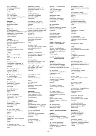 Prof. Eric Froment                    Mr Frederik Oberthur                        Prof. Dr. A.K. Aboul-Hassan         Mr. Keshav Raj Pandey
Conférence des Présidents             International Association of                Treasurer                           Asian Students Association (ASA)
d’Universités                         Agricultural Students (IAAS)                Arab Network on Staff               Nepal
France                                Belgium                                     Development (ANSD)
                                                                                  Egypt                               Mr. Abdallah Al Najjar
Keynote Speaker:                      Ms Mary O’Mahony                                                                General Union of Arab Students
Prof. John Goddard                    Association of European                     Dr Elizabeth Poskitt                (GUAS)
University of Newcastle-upon-Tyne     Universities (CRE)                          President                           Palestine
United Kingdom                        Switzerland                                 International Federation of
                                                                                  University Women (IFUW)             Mr. Félix Abeeku Yawson
Moderator:                            Prof. Rodolfo Pinto da Luz                  Switzerland                         International Association of
Mr Alfons Stinus                      Universidad Federal de Santa                                                    Agricultural Students (IAAS)
Momentum Network                      Catarina                                    Dr Yolanda Rojas                    Ghana
Spain                                 Brazil                                      Director
                                                                                  Doctoral Program on Education       Dr. Tang
Rapporteur:                           Prof. Moumouni Rambré Ouiminga              University of Costa Rica            Chief
Dr Madeleine Green                    Conseil Africain et Malgache pour           Costa Rica                          Technical and Vocational
American Council on Education (ACE)   l’Enseignement Supérieur                                                        Education
Association of Commonwealth           (CAMES)                                     Prof. Narciso Matos                 UNESCO
Universities (ACU)                    Burkina Faso                                Secretary-General
United Kingdom                                                                    Association of African              Dr. Alan Wagner
                                      Prof. Carlos Solà i Ferrando                Universities (AAU)                  Organisation for Economic
Panelists:                            Universitat Autónoma de                     Ghana                               Cooperation and Development
Prof. Brahim Baccari                  Barcelona                                                                       (OECD)
Université de droit, d’économie et    Spain                                       Higher Education for a New
de gestion de Tunis                                                               Society: A Student Vision           Entrepreneurs´ Panel
Tunisie                               Dr Ruben Umaly
                                      Association of Universities of Asia         Chair:                              Chair:
Prof. Susan Clark                     and the Pacitific (AUAP)                    Baroness Tessa Blackstone           Mr. Yannick Moati
Nova Scotia Council on Higher         Thailand                                    Minister of State for Education     Junior Chamber International (JCI)
Education                                                                         and Employment in the House         Monaco
Canada                                Mr Pierre Van Der Donckt                    of Lords
                                      Inter-American Organization for             United Kingdom                      Panelists :
Prof. Jacques Marcovitch
                                      Higher Education (IOHE)                                                         Dr. Roberto D´Allesandro
Reitor
                                      Canada                                      Panel 1: Social Issues and          Legal Counsel
Universidade de São Paulo
                                                                                          Higher Education            Malta
Brazil
                                      Dr Shirley Walters
Dr Francisco Gatto                    University of the Western Cape              Panelists :                         Ms. J. Claire K. Niala
UN Economic Commission for            Republic of South Africa                    Ms. Florence Nsumbu                 International Federation of Business
Latin America and the Caribbean                                                   Mouvement International des         and Professional Women (IFBPW)
Argentina                             Advisory/Steering Committee:                Etudiants Catholiques (MIEC)        Kenya
                                      Prof. Ibrahim Abu Lughod                    République Démocratique du Congo
Prof. Dorothy L. Njeuma               Birzeit University                                                              Mr. Michel Romieu
University of Buea                    Palestine                                   Mr. Agus Salim                      President Director General
Republic of Cameroon                                                              International Forestry Students     ELF Aquitaine Gaz
                                                                                  Association (IFSA)                  France
Working Group Facilitators:           Higher Education Staff                      Indonesia
Dr Mario Albornoz                     Development:                                                                    Mr. Eric Zahrai
Universidad de Buenos Aires           A Continuing Mission                        Mr. Peter Søndergaard               European Baha’i Business Forum
Argentina                                                                         National Unions of Students         France
                                      Chair:                                      in Europe (ESIB)
Dr Andris Barblan                     Dr Cream Wright                             Denmark                             Mr. Wallace R. Baker
Association of European               Director                                                                        Baker & McKenzie
Universities (CRE)                    Education Commonwealth                      Ms. Raguia ElHusseiny               USA
Switzerland                           Secretariat                                 Union of Progressive Youth
                                      United Kingdom                              Egypt                               Mr. Luis Carlos Villegas Echéverri
Dr Isabelle de Keyser
                                                                                                                      Asociación Nacional de
Natura Network
                                      Rapporteur:                                 Mr. Thiago Monaco                   Industriales (ANDI)
Belgium
                                      Mrs Alison Girdwood                         International Federation of         Colombia
Dr Carlo Di Benedetta                 Chief Programme Officer                     Medical Students Association
Community of Mediterranean            Commonwealth Secretariat                    (IFMSA)                             Ms. Cynthia Wolsdorff
Universities (CUM)                    United Kingdom                              Brazil                              Junior Association for
Italy                                                                             Professor Mihaly Simai              Development in Europe (JADE)
                                      Panelists:                                  Hungarian Academy of Sciences       Germany
Dr Kenneth Edwards                    Mr John Fielden                             Hungary
Association of European               Director                                                                        Ms. Alison Sutherland
Universities (CRE)                    Commonwealth Higher Education               Dr. William Lindley                 International Pharmaceutical
Switzerland                           Management Service (CHEMS)                  Food and Agricultural               Students Federation (IPSF)
                                      United Kingdom                              Organisation (FAO)                  South Africa
Mr Felix García Lausín
Conference of Spanish Rectors         Dr (Ms) Jasbir S Singh                      Panel 2: Regional Perspectives      Rapporteurs:
(CRUE)                                Consultant                                                                      Ms. Agnieszka Stobiecka
Spain                                 Association of Commonwealth                 Panelists :                         European Law Students
                                      Universities (ACU)                          Mr. Alper Akyuz                     Association (ELSA)
Dr M. Kamal                           Malaysia                                    Association des Etats Généraux      Poland
Association of Arab Universities                                                  des Etudiants de l’Europe (AEGEE)
(AArU)                                Dr Brigitte Berendt                         Turkey                              Ms. Christel Scholten
Jordan                                Freie Universität Berlin                                                        Association Internationale des
                                      Germany                                     Mr. Yosvani Diaz Romero             Etudiants en Science Economique
Dr Sebastião Elias Kuri                                                           Organización Continental            et Commerce (AIESEC)
Universidad Federal do Sao Carlos                                                 Latinoamericana y Caribeña de       Canada
Brazil                                                                            Estudiantes (OCLAE)
                                                                                  Cuba

                                                                            126
 