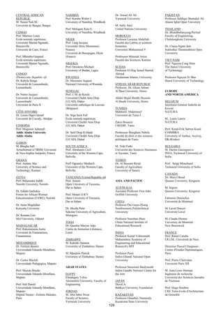 CENTRAL AFRICAN                     NAMIBIA                                    Dr. Jawad Ali Ali                   PAKISTAN
REPUBLIC                            Prof. Kamba Walter J.                      Yarmouk University                  Professor Siddiqui Shunukat Ali
M. Nestor Nali M.                   University of Namibia, Windhoek                                                Alama Iqbal Open University
Université de Bangui, Bangui                                                   M. Safty Adel
                                    Prof. Mshigeni Keto E.                     United Nations University           THAILAND
CONGO                               University of Namibia, Windhoek                                                Dr. Bhandhubanyong Paritud
Prof. Marmoz Louis                                                             MOROCCO                             Faculty of Engineering,
Ecole normale supérieure,           NIGER                                      Professor Laouina Abdellah          Chulalongkorn University
Université Marien Ngouabi,          Prof. Lang Jacques                         Faculté des Lettres et sciences
Brazzaville                         Université Abou Moumouni,                  humaines                            Dr. Chaya-Ngam Iam
Université de Caen, France          Niamey                                     Université Mohammed V               Sukhothai Thammathirat Open
                                    Université de Bourgogne, Dijon                                                 University
Prof. Mbemba Gaspard                (France)                                   Professeur Mouradi Aziza
Ecole normale supérieure,                                                      Faculté des Sciences, Kenitra       VIET NAM
Université Marien Ngouabi,          NIGERIA                                                                        Prof. Nguyen Cong Hien
Brazzaville                         Prof. Omolewa Michael                      SUDAN                               The Hanoi University
                                    University of Ibadan, Lagos                Professor El-Hag Ismail Hamid       of Technology
CONGO                                                                          Ahmed
(Democratic Republic of)            RWANDA                                     Omdurman Islamic University         Professor Nguyen Si Mao
Dr. Kabyla Ilunga                   Dr. Musonera Augusti                                                           Hanoi University of Technology
Université de Lumumbashi,           National University of Rwanda              SYRIAN ARAB REPUBLIC
Lumumbashi                                                                     Professor, Dr. Ghata Adnan
                                    SENEGAL                                    Al Baat University, Homs            EUROPE
Dr. Nemo Jacques                    Prof. J. M. de Ketele                                                          AND NORTH AMERICA
Université de Lumumbashi,           Université Chekh Anta Diop                 Abdul Majid Sheikh Hussein
Lumumbashi                          (UCAD), Dakar                              Al Baath University, Homs           BELGIUM
Université de Paris X               Université catholique de Louvain                                               Secrétaire Général Isabelle de
                                    (Belgique)                                 TUNISIA                             Keyzer
CÔTE D'IVOIRE                                                                  Mahbouli Abderraouf                 NATURA
Dr. Lezou Dago Gérard               Dr. Séga Seck Fall                         Université de Tunis I
Université de Cocody, Abidjan       Ecole normale supérieure,                                                      M. Louis Laurie
                                    Université Cheikh Anta Diop                Zakia Bouaziz                       NATURA
ETHIOPIA                            (UCAD), Dakar                              CREDIF, Tunis
Prof. Mogessie Ashenafi                                                                                            Prof. Kund-Erik Sabroe Kund
Addis Ababa University              Dr. Salif Diop El Hadji                    Professeur Mezghani Nébila          COIMBRA
Addis Ababa                         Université Cheikh Anta Diop                Faculté de droit et des sciences    University of Aarhus, Asylvej,
                                    (UCAD), Dakar                              politiques de Tunis                 DK-Risskov
GABON
M. Biteghe Joël                     SOUTH AFRICA                               M. Triki Fathi                      BULGARIA
Actuellement à l’IRIM, Université   Prof. Abrahams Cecil                       Université des Sciences Humaines    M. Darina Gueorguieva
de Nice-Sophia Antipolis, France    University of the Western Cape,            et Sociales, Tunis                  INSA, Technical University of
                                    Bellville                                                                      Sofia
GHANA                                                                          YEMEN
Prof. Andam Aba                     Prof. Ogunniyi Meshach                     Dr. Al Bassam Ra'ad                 Prof. Serge Monchaud
University of Science and           University of the Western Cape,            Faculty of Agriculture              Technical University of Sofia
Technology, Kumasi                  Bellville                                  University of Sana'a
                                                                                                                   CANADA
KENYA                               TANZANIA (United Republic of)                                                  Dr. Sheryl Bond
Prof. Bahemuka Judith               Prof. Ansere                               ASIA AND PACIFIC                    Queens University, Kingston
Nairobi University, Nairobi         Open University of Tanzania,
                                    Dar es Salam                               AUSTRALIA                           M. Irigoin
Dr. Eddah Gachukia                                                             Assistant Professor Fien John       Queens University, Kingston
Forum for African Women             Prof. Mmari G.R.V.                         Griffith University
Educationalists (FAWE), Nairobi     Open University of Tanzania,                                                   Fabienne Desroches
                                    Dar es Salam                               CHINA                               Université de Montreal
Dr. Juma Magdallan                                                             Professor Dai Guan-Zhong
Kenyatta University                 Dr. Msolla Peter                           Northwestern Polytechnical          M. Laval Doucet
                                    Sokoine University of Agriculture,         University                          Université Laval
Dr. Konana Lois                     Morogoro
Moi University, Eldoret                                                        Professor Nanzhao Zhao              M. Claude Dionne
                                    TOGO                                       China National Institute of         University de Montréal
MADAGASCAR                          Dr. Quashie Maryse Adjo                    Educational Research                New Brunswick
Prof. Rakotoniaina Justin           Centre de formation à distance,
Université de Fianarantsoa,         Lomé                                       INDIA                               FRANCE
Fianarantsoa                                                                   Professor Karad Vishwanath          Prof. Raoul Caruba
                                    ZIMBABWE                                   Maharashtra Academy of              I.R.I.M., Université de Nice
MOZAMBIQUE                          M. Kakitiki Samson                         Engineering and Educational
Dr. Ferreira Beatriz                University of Zimbabwe, Harare             Research's MIT                      Directeur Pascal Chaigneau
Universidade Eduardo Mondlane,                                                                                     Centre d'Etudes Diplomatiques,
Maputo                              M. Mpedzisi Patrick                        Professor Passi                     Paris
                                    University of Zimbabwe, Harare             Indira Ghandi National Open
Dr. Carlos Machili                                                             University                          Prof. Pierre Chalvidan
Universidade Pedagogica, Maputo                                                                                    Université Paris XII
                                    ARAB STATES                                Professor Saraswati Baidyanath
Prof. Mazula Brazão                                                            Indira Gandhi National Centre for   M. Jean-Louis Herman
Universidade Eduardo Mondlane,      EGYPT                                      the Arts                            Ingénieur de recherche
Maputo                              Elmahgary Yehia                                                                Université des Sciences Sociales
                                    Alexandria University, Faculty of          JAPAN                               de Toulouse
Prof. Sidi Daniel                   Engineering                                Duval A.
Universidade Eduardo Mondlane,                                                 Bubkyo University Foundation        Prof. Hugo Houben
Maputo                              JORDAN                                                                         CRE Terre-Ecole d'Architecture
Hôpital Necker - Enfants Malades,   M. Abu Jaber Nizar                         KAZAKSTAN                           de Grenoble
Paris                               Faculty of Science,                        Professor Omashev Namazaly
                                    Yarmouk University                         Kazakstan State University
                                                                         129
 