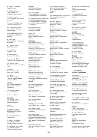M. Grégoire Koulbanais              POLAND                                      Dr. Sc. Tatiana Vinogradova           Dr. Professeur Rafael Portaencasa
Equipe Cousteau                     Prof. Jalowiecki Bohdan                     Université d'Etat d'Architecture      Baeza
                                    Université de Varsovie                      et de Génie Civil de Nijni            Universitaria Politécnica de
M. Philippe Lebrasseur                                                          Novgorod                              Madrid
Centre d'intérets du                Dr. Luczak Elzbieta                         Ngasu
développement économique            Institut Pédagogique d’agriculture                                                Dr. Miguel Rojas Mix
                                    et technologie, Olsztynie-Kortowo           Prof. Vladimir Vragov Nicolayevich    Universidad de Extremadura,
M. Michel Vincent                                                               Novobibirsk State University          Cáceres
CRE Terre, Ecole d'Architecture     Ing.agronome Agniesza Nowakowska            Novosibirsk
de Grenoble                         Insitut Pédagogique d’agriculture                                                 Licenciado en Cienci Josep
                                    et technologie, Olsztynie-Kortowo           Savran D. Djavlanov                   Xercavins I Valls
M. Aminétou Mint Bah Nagi           Université de Bourgogne et ENS              International Centre on               Universitat Politecnica de
Université de Nice I.R.I.M.         d’Agronomie                                 Educational Systems                   Catalunya
                                                                                Moscow
Prof. Jean François Moreau          Prof. Renate Siemenska                                                            Mme José Maria Echeverria
Université René Descartes,          Institute of Sociology                      Prof. Valery Kvartalnov               Universidad de Deusto
Hopital Necker                      University of Warsaw                        Russian International Academy
                                                                                for Tourism                           SWEDEN
Président René Samuel Sirat         PORTUGAL                                                                          Prof. Guy Heyden
Ecole des Hautes Etudes du          Prof. Afgaan Naim                           Guennadi Kalioujnyi                   University of Göteborg
Judaisme                            Institut Supérieur Technique,               State Academy of Management,
                                    Lisbonne                                    Moscow                                Skogh Elin
M. Patrice Doat                                                                                                       Lunds University
CRE Terre, Ecole d’Architecture     ROMANIA                                     Michael Fedorov
de Grenoble                         Prof. Dumitriu Corneliu                     State Academy of Management,          UNITED KINGDOM
                                    International Theatre Institute             Moscow                                OF GREAT BRITAIN
M. Christian Couralet                                                                                                 AND NORTHERN IRELAND
ACESTE, Toulouse                    Prof. Sofronie Ramiro                       Gontcharenko, Serguei                 Dr. Helen Callaway
                                    University of Agricultural and              Moscow State Linguistic University,   University of Oxford
M. Laval Doucet                     Veterinary Sciences in Bucharest            Moscow
Université Laval                                                                                                      Dr. David Turton
                                    M. Martin Hauser                            Prof. Vladimir Ivanov                 University of Oxford
M. Bousez Michel                    Université de Bucarest, Bucarest            Moscow State University,
Université Paris 1, Paris                                                       Moscow                                TURKEY
                                    RUSSIAN FEDERATION                                                                Prof. Kaynak Okyay
M. Jean-François Moreau             M. Vladimir Djanibekov                      SPAIN                                 Bogazici University
Université René Descartes, Paris    International Center of                     President Albert Manuel Esteban
                                    Educational Systems                         Santander Group                       Prof. Dr. Kuçuradi Ioanna
Prof. Ali M.S. Fatemi                                                           University of Murcia                  Hacettepe University, Centre for
The American University of Paris,   M. Savran Djavlanov                                                               Research and Application of the
Paris                               International Centre of                     M. Enric Angullol                     Philosophy of Human Rights
                                    Educational Systems                         University Pompeu Fabra
GEORGIA
Prof. Khomeriki Irakli              Prof. Evstafiev Alexandre                   M. Luis Beltran                       LATIN AMERICA
Tbilisi State University            Moscow State University of                  Universidad de Alcalá de Henares      AND THE CARIBBEAN
                                    Environmental Engineering
GERMANY                                                                         Dr. Brezmes Maria José Saez           ARGENTINA
Prof. Dr. Bernd Hamm                Prof. Vladimir Filippov                     Universidad de Valladolid             Prof. Camilloni de Wigdorovitz
Centre for European Studies,        Université de la Russie de l'Amitié                                               Alicia Rosalia
University of Trier                 des peuples,                                Dr. Cesar Chaparro Gómez              Universidad de Buenos Aires
                                    Moscou                                      Universidad de Extremadura
GREECE                                                                                                                Abogado - Economista Martin
Prof. Dimitri Papadopoulou          Mr. Serguei Gontcharenko                    Dr. Concha Sofia Perez Diaz           Bacigalupo Pedro Luis Maria
Aristotle University of             Moscow State Linguistic                     Universidad de las Palmas de Gran     Universidad Católica de Cuyo
Thessaloniki                        University                                  Canaria
                                                                                                                      Dr. Mirande Susana Laura
Prof. Michael Scoullos              Prof. Mikhail Ivanov                        M. Francisco Rubio Royo               Universidad de Buenos Aires
Université d’Athènes                Moscow State University                     Universidad de Las Palmas de
                                                                                Gran Canaria                          Ingeniero Popovsky Ricardo
M. Costas Rodriguez                 Dr. Larissa Konovalova                                                            Universidad de Palermo
                                    State Academy of Management                 M. Jenaro Costas Rodriguez
HUNGARY                                                                         Universidad Nacional de               Ingeniero Schiavon Maria Isabel
Prof. Nyárády Rozsa                 Prof. Valery Kvartalnov                     Educación a Distancia                 Universidad Nacional de Rosario
College for Business and            Russian Chairs
Management Studies                                                              Recteur Lobo Cabrera Manuel           M. Villar Julio
                                    Prof. Magometov Akourbek                    Universidad de Las Palmas             Université Nacional de Quilmes
ITALY                               North Ossetian State University             de Gran Canaria
Franco Rizzi                                                                                                          BOLIVIA
                                    Prof. Serguei Peshkov                       Dr. Maicas Manuel                     Crespo Callan J.Renato
The NETHERLANDS                     Centre international des Systèmes           Universidad Autónoma de               Universidad Mayor San Simón
Mme Maaike S.de Langen              d'éducation                                 Barcelona
Utrecht Group                                                                                                         Dr. Garrett Aillon Julio
                                    Prof. Teodor Shanin                         Mme Margarit Ribalta Monica           Universidad Andina Simón
M. ArcoVan den Hamm                 UNESCO/INCORVUZ Chair                       Universitat de Barcelona              Bolivar
Utrecht Group                       and network for the development
                                    of NGOs in countries in transition          M. Ricardo Marin Ibañez               BRAZIL
Dr. Henk J. van Rinsum              State Academy of Management                 Universidad Nacional de               Antunes dos Santos Carlos
Utrecht Southern African            Moscow                                      Educación a Distancia                 Roberto
Network, Utrecht University                                                                                           Universidad de Parana
                                    Prof. Tskhai Alexander                      Prof. Maria Novo
Dr. Lieteke van Vucht Tijssen       Altai State Technical University            Universidad Nacional de               Professor Craveiro Clélia Brandao
Utrecht Southern African            Barnaul                                     Educación a Distancia                 Universidad Catolica de Goias
Network, Utrecht University

                                                                          130
 