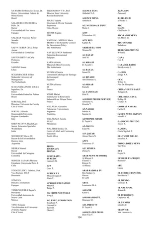 SA BARRETO Francisco Cesar, Dr.   TIKHOMIROV V.P., Prof.                    AGENCE JANA              AZZAMAN
Reitor, Universidade Federal de   Moscow State University                   Abdulatif A.S.           Zamzaml
Minas Gerais                      Russian Federation
Brazil                                                                      AGENCE MENA              BATELESUD
                                  TOURE Vakaba                              Abdalla H.               M'Packo E.
SALABURU ETXEBERRIA               Directeur de l’Ecole Normale
Pello, Dr.                        Supérieure                                AG. NATIONALE D'INF.     BBC
Rector                            Côte d’Ivoire                             Metni J.                 Siraj M.
Universidad del Pais Vasco                                                                           Ola-Davies G.
Espagne                           TUDOR Bogdan                              AITV
                                  EDS                                       Tchienehon J.V.          BBC-RADIO NEWS
SALAZAR Francisco Xavier                                                                             Ion Miron D.
Senador                           VANDAM – MIERAS Maria                     AlTV RFO
México                            Member of the Scientific Council          Kaplan R.                BBC SWAHILI
                                  for Government Policy                                              Nabakwer
SALVATIERRA CRUZ Jorge            The Netherlands                           AKHBAR EL YOM
Asesor                                                                      Weessa M.                BERLINER ZEITUNG
Universidad de Costa Rica         VAN LEEUWEN Ferdinand                                              Wetzel J.
                                  Education International                   AL HAYAT
SANTOS ORTEGA Carla               Belgique                                  Aref M.                  CANA
Profesora                                                                                            Cox R.
Ecuador                           VARMA Girish                              AL KHALIJ
                                  Maharishi Open University                 El Ayoubi I.             CARACOL RADIO
SASSINE Somor                     The Netherlands                                                    Rico Laverde E.
Liban                                                                       AL RAYAA
                                  VEDOVA Patricia                           Souad W.                 CAURIS
SCHANBACHER Volker                Université Catholique de Santiago                                  Maiga A.A.
Maharishi University of           de Guayaquil                              AL RIYADH
Management                        Equateur                                  Abo Dehman A.            CCIC
The Netherlands                                                                                      Weber H.
                                  VEZINA Patrice                            AL-SHAAB                 Père De Hemptine
SCHEUNEMANN DE SOUZA              EI                                        Ramahi
Inguelore, Dr.                    France                                                             CHINA YOUTH DAILY
Reitor                                                                      AL YAMAMAH               Yonggun L.
Universidade Federal de Pelotas   VIDAL Michel                              Zein H.
Brazil                            Institut pour la Rénovation                                        CHR. HIGH. EDUC.
                                  Industrielle en Afrique Noire             ALGERIE PRESSE SERVICE   Bollag. B.
SERI Dedy, Prof.                  France                                    Ainouche A.              Giudice B.
Directeur, Université de Cocody                                             Zerarka Y.
Côte d’Ivoire                     VILLALBA Alesandro                                                 COMBAT NATURE
                                  Federación Universitaria                  AN-NAHAR                 Carlier J.
SERVALLI Guido                    Argentina                                 Barada A.
Responsabile Universita           Argentina                                 Sassine G.               CZECH NEWS AGENCY
Regione Lombardia                                                                                    Mundil S.
Italy                             VILLARAZA Aurelia                         A.P.MONDE ARABE
                                  AUAP                                      El Tayeb S.              DADISCHE ZEITUNG
SHRIVASTAVA Shashi Kant           Philippines                                                        Mayer A.
Senior Education Specialist                                                 AP-PHOTO
World Bank                        WALTERS Shirley, Dr.                      Euler M.                 DAMINA
India                             Centre of Adult and Continuing                                     Diatta Ngoboh T.
                                  Education                                 A-P. QATAR
SHUBEROFF Oscar, Dr.              South Africa                              Abou-Chacra N.           DEUTSCHE WELLE
Rector de la Universidad de                                                                          Issoufou A.
Buenos Aires                                                                APTN
Argentina                                                                   Tranvovez P.             DONGA DAILY NEWS
                                  PRESS                                                              Sae-Won
SIERRA Manuel                     JOURNAUX                                  A.P. XINHUA
Rector                            PRENSA                                    Zheng X.                 DPA
Universidad de Cartagena                                                                             Hoyer N.
Colombia                          AESCULAPE -                               ARAB NEWS NETWORK
                                  EUREDIC                                   Al Khayer 0.             ECHO DE L'AFRIQUE
SOTO DE LA JARA Mariana           Guiton E.M.                               Chamie T.                Rostini P.
Estudiante Universidad París X                                              Khayat N.
Chile                             AFP                                       Al-Masry                 EFE
                                  Coex T.                                                            Gastar
STANCIULESCU Gabriela, Prof.                                                ARAB RADIO & TV
Vice-Recteur, BSUF                AFRICA N 1                                Ben Saidani A.           EL CORREO ESPAÑOL
Roumanie                          Mouckwanguy F.                            Gacem                    Iturribarria F.
                                  Alain T.                                  El Laffi
STINUS S.                                                                                            EL MUNDO
Director, Momentum                AFRIQUE EDUCATION                         ARTE                     Montoya R.
Espagne                           Malet H.                                  Laumonier M.A.
                                  Tedga P.                                                           EL NACIONAL
TAMEZ GUERRA Reyes S.                                                       ASSAFIR                  Araujo E.
Presidente                        AG CHINE NOUVELLE                         Kleib S.
Universidad Autonoma de           Yang J.                                                            EL PERIODICO
Nuevo León                                                                  ASH-SHAHID INT.          Capdevila M.
México                            AG. EDUC. FORMATION                       Ghamgui M.
                                  Bouchard P.                                                        EL TIEMPO
TANO Yolande                      Guiraud M.                                ASS. PRESS TV            Morales C.
Vice-Président de l’Université    Taieb D.                                  El Tayeb S.
d’Abobo-Adjamé                    Dhers O.                                                           ELSEVIER
Côte d’Ivoire                                                               ASSOCIATED PRESS         Van Leeuwen A.
                                                                            Dam-Van Y.
                                                                      134
 