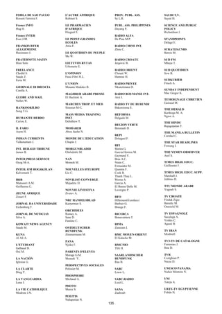 FOHLA DE SAO PAULO       L'AUTRE AFFRIQUE               PROV. PUBL. ASS.         SAUDI T.V.
Rosseti Ferreira F.      Robinet S.                     Sy L.R.                  Sayed H.

France INFO              LE PHARMACIEN                  PUBL. ASS. PHILIPPINES   SCIENCE AND PUBLIC
Hug H.                   D’AFRIQUE                      Dayang P.                POLICY
                         Hiuguet E.                                              Richardson J.
France INTER                                            RADIO ALFA
Four J-M.                LE POINT-GRANDES               De Pina M.P.             STANDPOINTS
                         ECOLES                                                  Delage E.
FRANKFURTER              Attia F.                       RADIO CHINE INT.
ALLGEMEINE                                              Zhou C.                  STRATES.CNRS
Hanimann J.              LE QUOTIDIEN DU PEUPLE                                  Bernis M.
                         Ma W.
FRATERNFTE MATIN                                        RADIO CROATE             SUD FM
Hien Solo                LIETUVOS RYTAS                 Jergovic B.              Mbaye T.
                         Urhonaite E.
FREELANCE                                               RADIO ORIENT             SUD QUOTIDIEN
Chedid S.                L'OPINION                      Chmait W.                Sow B.
Saade Z.                 Fassi Fihri H.L.               Hamoui H.
Faria M.                                                                         SUDKURIER
                         L'UNION                        RADIO PRIVEE             Frisch A.
GIORNALE DI BRESCIA      Masanu Mukoko B.               Nkunzimana D.
Carella A.                                                                       SUNDAY INDEPENDENT
                         MAGHREB ARABE PRESSE           RADIO ROUMANIE INT.      Mac Gregor K.
GLOBE AND MAIL           El Hachimi A.                  Aroi I.
Nelles W.                                                                        TEMOIGNAGE CHRETIEN
                         MARCHES TROP. ET MED.          RADIO TV DU BURUNDI      Gairaud M.
HANKOOKILBO              Simonet M-C.                   Bakenirema E.
                                                                                 THE HERALD
Song T.G.
                                                                                 Karikoga M. A.
                         MASS MEDIA TRAINING            REFORMA
                                                                                 Ngwa A.
HUMANITE HEBDO           INST.                          Delgado M.
Cariou E.                Debalkew T.                                             THE HINDU
                                                        REGION VERTE             Rajagopalan T.
IL FARO                  MOHARER                        Benstaali D.
Asem H.                  Abou Jaafar N.                                          THE MANILA BULLETIN
                                                        REPI                     Caridad C.
INDIAN CURRENTS          MONDE DE L’EDUCATION           Dolegeal F.
Vallamattam J.           Chupin J.                                               THE STAR HEADLINES
                                                        RFI                      Fowung I.
INT. HERALD TRIBUNE      MORGUNBLADID                   Mettra G.
James B.                 Olafsdottir M.                 García Herrera M.        THE YEMEN OBSERVER
                                                        Gaymard V.               Aref S.
INTER PRESS SERVICE      NAN                            Bras A.C.
Oyog M-A.                Momoh M.                       Ninin C.                 TIMES HIGH. EDUC.
                                                        Fernandez M.             Guillaume J.
INTER. OM HOGSKOLAN      NOUVELLES D'EUROPE             Quentin F.
Kalvemark T.             Liu C.                         Cook R.                  TIMES HIGH. EDUC. SUPP.
                                                        Thanh Thuy L.            Marshall J.
IRIB                     NOVILIST-CONVERGE              Morna A.                 Jobbins D.
Mansoori A.M.            Mujadzic D.                    García A.
Guillaume C.                                            El Banna Dalle M.        TTU MONDE ARABE
                         NOVYIE IZVESTIYA               Lavergne P.              Yagoub S.
JEUNE AFRIQUE            Zverev A.
Zouari F.                                               RFO                      TV CROATE
                         NRC HANDELSBLAD                Hillemand-Landucci       Findak Zigic
JORNAL DA UNIVERSIDADE   Kamerman S.                    Barbier G.               Baredic M.
Eichenberg F.                                           Brauge F.                Osenicki M.
                         ORCHIDEES
JORNAL DE NOTICIAS       Romay A.                       RICERCA                  TV ESPAGNOLE
Silva A.                 Sene D.                        Bonaventura T.           Sacaluga A.
                         Fantino C.                                              Valdés C.
KOWAIT NEWS AGENCY                                      RIMA                     Agusti B.
Saade M.                 OSTDEUTSCHER                   Zamzam I.
                         RUNDFUNK                                                TV IRAN
KUNA                     Zimmermann M.                  RMC MOYEN-ORIENT         Moshrefi
Al Ali A.                                               El Kalache M.
                         PANA                                                    TV3-TV DE CATALOGNE
L'ETUDIANT               Njoku F.                       RMC/MO                   Ferrerons J.
Galbaud D.                                              Tlili H.                 Bou D.
Oui M.                   PARENTS D'ELEVES
                         Marage G.M.                    SAARLANDISCHER           TVR
LA NACIÓN                Meaude Y.                      RUNDFUNK                 Cozighian P.
Iglesias G.                                             Rau B.                   Necsa D.
                         PERSPECTIVES SOCIALES
LA CLARTE                Pelissier M.                   SABC                     UNESCO PANAMA
Ding Y.                                                 Louw L.                  Nuñez Montoto N.
                         PHOSPHORE
LA VANGUARDIA            Michaud A.                     SABC-RADIO               UNI
Luna J.                                                 Liesl L.                 Tuteja A.
                         PHOTO
LA VIE CATHOLIQUE        Murez S.                       SANA                     URTE-TV EGYPTIENNE
Modeste J.N.                                            Zaaboub                  Fohda H.
                         POLITIS
                         Nahapetian N.
                                                  135
 