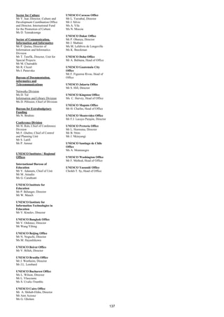 Sector for Culture                   UNESCO Caracas Office
Mr Y. Isar, Director, Culture and    Mr L. Yarzabal, Director
Development Coordination Office      Mr J. Silvio
and Director, International Fund     Ms A. Vila
for the Promotion of Culture         Ms N. Moccia
Ms D. Tennakoonge
                                     UNESCO Dakar Office
Sector of Communication,             Mr P. Obanya, Director
Information and Informatics          Mr J. Shabani
Mr P. Quéau, Director of             Ms M. Lefebvre de Longeville
Information and Informatics          Ms K. Beeckman
Division
Mr T. Tawfik, Director, Unit for     UNESCO Doha Office
Special Projects                     Mr A. Bubtana, Head of Office
Mr M. Chamakhi
Mr R. Cluzel                         UNESCO Guatemala City
Ms I. Panevska                       Office
                                     Mr F. Figueroa Rivas, Head of
Bureau of Documentation,             Office
informatics and
Telecommunications                   UNESCO Jakarta Office
                                     Mr S. Hill, Director
Networks Division
Ms D. Tal                            UNESCO Kingston Office
Information and Library Division     Ms C. Harvey, Head of Office
Ms D. Pélissier, Chief of Division
                                     UNESCO Maputo Office
Bureau for Extrabudgetary            Mr H. Charles, Head of Office
Funding
Ms N. Ibrahim                        UNESCO Montevideo Office
                                     Mr F.J. Lacayo Parajón, Director
Conference Division
Mr H. Raïs, Chief of Conference      UNESCO Pretoria Office
Division                             Mr L. Honwana, Director
Mr F. Ghebre, Chief of Control       Mr B. Ntim
and Planning Unit                    Mr J. Nkinyangi
Mr S. Latifi
Mr P. Amour                          UNESCO Santiago de Chile
                                     Office
                                     Ms A. Montenegro
UNESCO Institutes / Regional
Offices                              UNESCO Washington Office
                                     Mr F. Method, Head of Office
International Bureau of
Education                            UNESCO Yaoundé Office
Mr V. Adamets, Chief of Unit         Cheikh T. Sy, Head of Office
Mr M. Amadio
Ms G. Canahuati

UNESCO Institute for
Education
Mr P. Bélanger, Director
Mr W. Mauch

UNESCO Institute for
Information Technologies in
Education
Mr V. Kinelev, Director

UNESCO Bangkok Office
Mr V. Ordonez, Director
Mr Wang Yibing

UNESCO Beijing Office
Mr N. Noguchi, Director
Ms M. Hayashikawa

UNESCO Beirut Office
Mr V. Billeh, Director

UNESCO Brasilia Office
Mr J. Wertheim, Director
Mr J.L. Lombard

UNESCO Bucharest Office
Ms L. Wilson, Director
Mr L. Vlasceanu
Ms S. Uvalic-Trumbic

UNESCO Cairo Office
Mr A. Shihab-Eldin, Director
Mr Amr Azzouz
Ms G. Gholam

                                                                        137
 