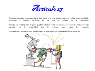 Articulo 27
•

Todas las personas tienen derecho a leer libros, ir al cine, visitar museos o realizar otras actividades
culturales
y
también
participar
en
las
que
se
realicen
en
su
comunidad.
Cuando las personas son mayores pueden estudiar en la universidad. Los requisitos necesarios para
estudiar
en
la
universidad
son
los
mismos
para
todas
las
personas.
Si una persona escribe un libro o inventa algo se debe reconocer que es ella quien lo ha hecho.

 