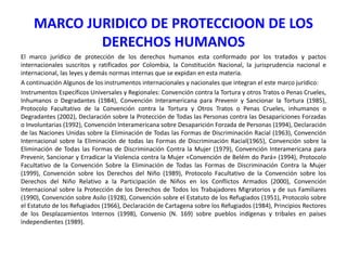 MARCO JURIDICO DE PROTECCIOON DE LOS
DERECHOS HUMANOS
El marco jurídico de protección de los derechos humanos esta conformado por los tratados y pactos
internacionales suscritos y ratificados por Colombia, la Constitución Nacional, la jurisprudencia nacional e
internacional, las leyes y demás normas internas que se expidan en esta materia.
A continuación Algunos de los instrumentos internacionales y nacionales que integran el este marco jurídico:
Instrumentos Específicos Universales y Regionales: Convención contra la Tortura y otros Tratos o Penas Crueles,
Inhumanos o Degradantes (1984), Convención Interamericana para Prevenir y Sancionar la Tortura (1985),
Protocolo Facultativo de la Convención contra la Tortura y Otros Tratos o Penas Crueles, inhumanos o
Degradantes (2002), Declaración sobre la Protección de Todas las Personas contra las Desapariciones Forzadas
o Involuntarias (1992), Convención Interamericana sobre Desaparición Forzada de Personas (1994), Declaración
de las Naciones Unidas sobre la Eliminación de Todas las Formas de Discriminación Racial (1963), Convención
Internacional sobre la Eliminación de todas las Formas de Discriminación Racial(1965), Convención sobre la
Eliminación de Todas las Formas de Discriminación Contra la Mujer (1979), Convención Interamericana para
Prevenir, Sancionar y Erradicar la Violencia contra la Mujer «Convención de Belém do Pará» (1994), Protocolo
Facultativo de la Convención Sobre la Eliminación de Todas las Formas de Discriminación Contra la Mujer
(1999), Convención sobre los Derechos del Niño (1989), Protocolo Facultativo de la Convención sobre los
Derechos del Niño Relativo a la Participación de Niños en los Conflictos Armados (2000), Convención
Internacional sobre la Protección de los Derechos de Todos los Trabajadores Migratorios y de sus Familiares
(1990), Convención sobre Asilo (1928), Convención sobre el Estatuto de los Refugiados (1951), Protocolo sobre
el Estatuto de los Refugiados (1966), Declaración de Cartagena sobre los Refugiados (1984), Principios Rectores
de los Desplazamientos Internos (1998), Convenio (N. 169) sobre pueblos indígenas y tribales en países
independientes (1989).

 