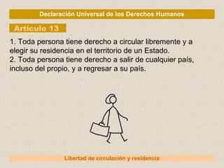 Declaración Universal de los Derechos Humanos
Artículo 13
Libertad de circulación y residencia
1. Toda persona tiene derecho a circular libremente y a
elegir su residencia en el territorio de un Estado.
2. Toda persona tiene derecho a salir de cualquier país,
incluso del propio, y a regresar a su país.
 