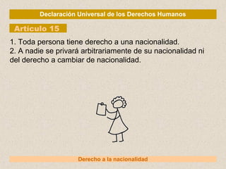 Declaración Universal de los Derechos Humanos
Artículo 15
Derecho a la nacionalidad
1. Toda persona tiene derecho a una nacionalidad.
2. A nadie se privará arbitrariamente de su nacionalidad ni
del derecho a cambiar de nacionalidad.
 