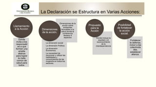 La Declaración se Estructura en Varias Acciones:
Llamamiento
a la Acción

Donde
invita a los
responsabl
es a que
formen una
amplia
alianza
para lograr
la meta
común de
salud para
todos.

Dimensiones
de la acción.

Dimensiones de la
acción sobre
ambientes
favorables a la
salud donde la
conferencia
destaco 4
aspectos

La dimensión social
La dimensión Política.
La dimensión
Económica.
La necesidad de
reconocer y utilizar las
habilidades y
conocimientos de las
mujere3s en todos los
sectores.

Propuesto
para la
Acción
Donde incluye la
equidad y el
reconocimiento
de la
interdependencia
.

Posibilidad
de fortalecer
la acción
social.
Fortalecer
la defensa,
incluir a las
colectivida
des,
establecer
alianza.

 