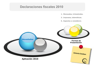 Novedades Aplicación 2010 Formas de Presentación Modelos ,[object Object],[object Object],[object Object],Antonio Esteban Declaraciones fiscales 2010 