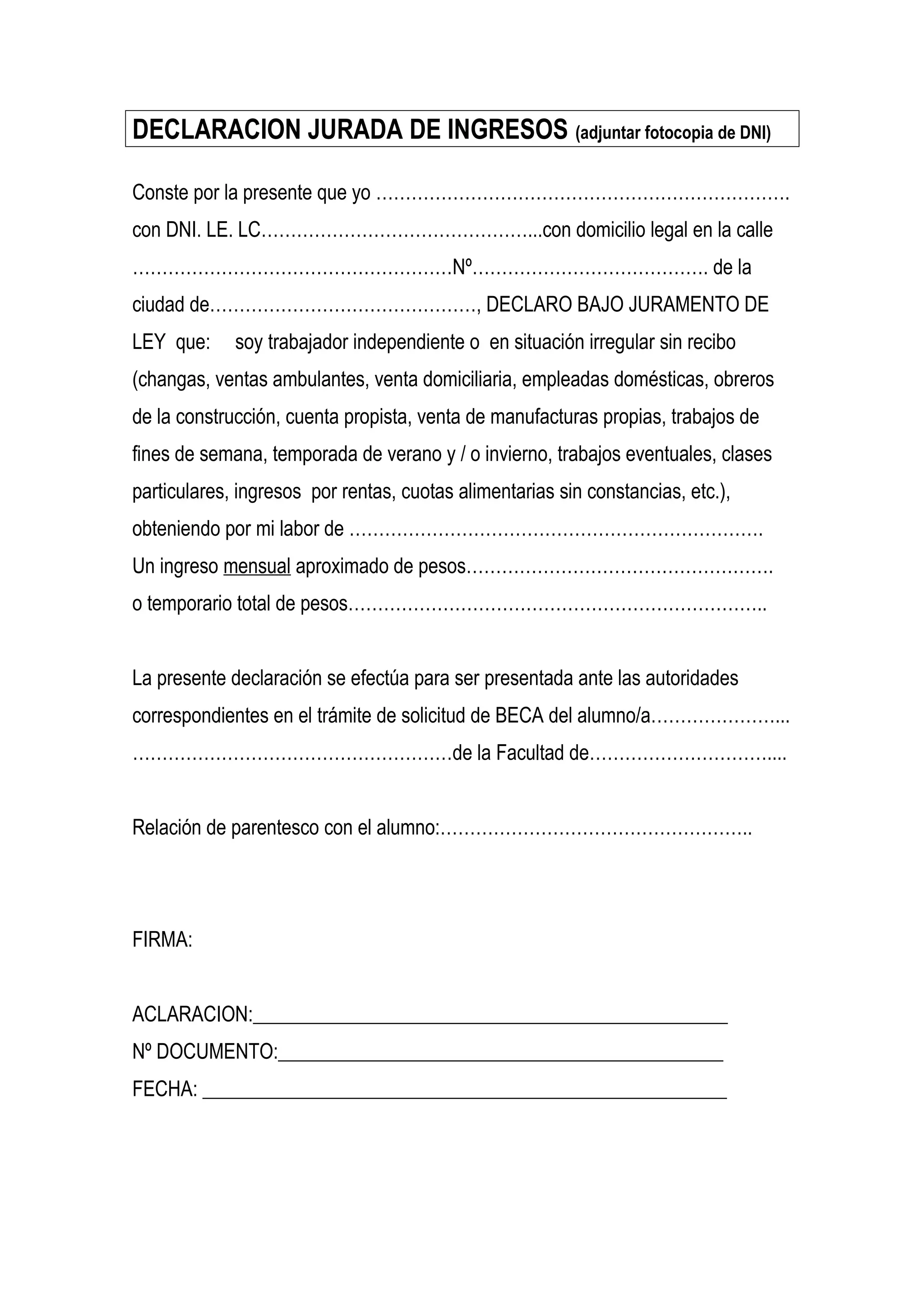 Declaracion jurada de ingresos | DOC