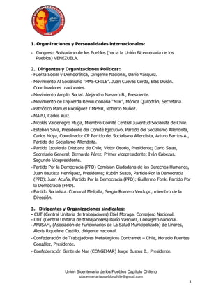 1. Organizaciones y Personalidades internacionales:

- Congreso Bolivariano de los Pueblos (hacia la Unión Bicentenaria de los
  Pueblos) VENEZUELA.

2. Dirigentes y Organizaciones Políticas:
- Fuerza Social y Democrática, Dirigente Nacional, Darío Vásquez.
- Movimiento Al Socialismo “MAS-CHILE”. Juan Cuevas Cerda, Blas Durán.
  Coordinadores nacionales.
- Movimiento Amplio Social. Alejandro Navarro B., Presidente.
- Movimiento de Izquierda Revolucionaria.“MIR”, Mónica Quilodrán, Secretaria.
- Patriótico Manuel Rodríguez / MPMR, Roberto Muñoz.
- MAPU, Carlos Ruiz.
- Nicolás Valdenegro Muga, Miembro Comité Central Juventud Socialista de Chile.
- Esteban Silva, Presidente del Comité Ejecutivo, Partido del Socialismo Allendista,
  Carlos Moya, Coordinador CP Partido del Socialismo Allendista, Arturo Barrios A.,
  Partido del Socialismo Allendista.
- Partido Izquierda Cristiana de Chile, Víctor Osorio, Presidente; Darío Salas,
  Secretario General; Bernarda Pérez, Primer vicepresidente; Iván Cabezas,
  Segundo Vicepresidente.
- Partido Por la Democracia (PPD) Comisión Ciudadana de los Derechos Humanos,
  Juan Bautista Henríquez, Presidente; Rubén Suazo, Partido Por la Democracia
  (PPD); Juan Acuña, Partido Por la Democracia (PPD); Guillermo Fonk, Partido Por
  la Democracia (PPD).
- Partido Socialista. Comunal Melipilla, Sergio Romero Verdugo, miembro de la
  Dirección.

3. Dirigentes y Organizaciones sindicales:
- CUT (Central Unitaria de trabajadores) Etiel Moraga, Consejero Nacional.
- CUT (Central Unitaria de trabajadores) Darío Vasquez, Consejero nacional.
- AFUSAM, (Asociación de Funcionarios de La Salud Municipalizada) de Linares,
  Alexis Riquelme Castillo, dirigente nacional.
- Confederación de Trabajadores Metalúrgicos Contramet – Chile, Horacio Fuentes
  González, Presidente.
- Confederación Gente de Mar (CONGEMAR) Jorge Bustos B., Presidente.



                  Unión Bicentenaria de los Pueblos Capítulo Chileno
                         ubicentenariapuebloschile@gmail.com
                                                                                       3
 