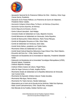 - Agrupación Nacional De Ex Prisioneros Políticos De Chile – Histórica, Víctor Hugo
  Cuevas García, Presidente.
- Asociación de Ex Presos Políticos y ex Prisioneros de Guerra de Valparaiso.
  Presidente Héctor Cataldo.
- Asociación Indígena Urbana Mapu Ta Nüyün, de Kokimpu (Coquimbo).
- Asociación Aymara Apachita, de Kokimpu.
- Centro Mapuche de Estudio y Acción.
- Centro Cultural Llancobich. José Hidalgo.
- Comando Amplio de Solidaridad con Cuba. Alejandro Aravena.
- Comité Bolivariano de Solidaridad con Venezuela. Carlos Riquelme.
- Comité de Reencuentro Chileno Boliviano. María Teresa Márquez.
- Comité de Refugiados Peruanos en Chile. Víctor Paiba.
- Comité de Solidaridad con Honduras, Dario Salas.
- Comité Simón Bolívar, presidente Luis Toledo Castro.
- Movimiento Chileno de Solidaridad con Cuba.
- Comité Social Cultural Deportivo Bolivariano Hugo Chávez Frías. Mario Palestro.
- Encuentro del Cono Sur – Chile, Javiera Pizarro.
- Federación de Estudiantes de la Universidad de Valparaíso, Presidente Sebastián
  Farfán
- Federación de Estudiantes de la Universidad Tecnológica Metropolitana (UTEM).
  Eduardo Salazar, Presidente.
- Instituto Alejandro Venegas.
- Instituto Chileno Cubano de Cultura. Magali Matus.
- Jefas De Hogar Comuna Lo Prado. Angélica Muñoz.
- Movimiento Amplio de Solidaridad con la República Bolivariana de Venezuela.
  Juan Cuevas Cerda.
- Movimiento De Expresión Artístico Cultural. Freddy González.
- Movimiento Más-Agua. Patricio Arena.
- Movimiento Pro Teatro Serrano. Nicolás Valdenegro.
- Observatorio por el cierre de la Escuela de las Américas. Pablo Ruiz Espinoza.
- Radio Juvenil Latinoamericana, Chile. Claudio Ríos, encargado.
- Red Alborada de los Pueblos, Esteban Ramírez Lazo


                 Unión Bicentenaria de los Pueblos Capítulo Chileno
                        ubicentenariapuebloschile@gmail.com
                                                                                    5
 