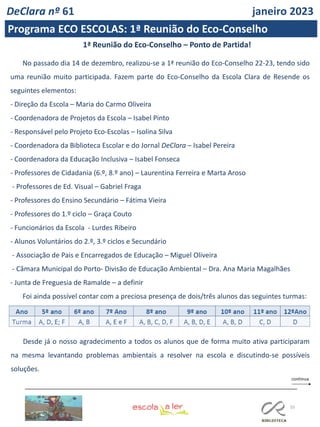 55
1ª Reunião do Eco-Conselho – Ponto de Partida!
No passado dia 14 de dezembro, realizou-se a 1ª reunião do Eco-Conselho 22-23, tendo sido
uma reunião muito participada. Fazem parte do Eco-Conselho da Escola Clara de Resende os
seguintes elementos:
- Direção da Escola – Maria do Carmo Oliveira
- Coordenadora de Projetos da Escola – Isabel Pinto
- Responsável pelo Projeto Eco-Escolas – Isolina Silva
- Coordenadora da Biblioteca Escolar e do Jornal DeClara – Isabel Pereira
- Coordenadora da Educação Inclusiva – Isabel Fonseca
- Professores de Cidadania (6.º, 8.º ano) – Laurentina Ferreira e Marta Aroso
- Professores de Ed. Visual – Gabriel Fraga
- Professores do Ensino Secundário – Fátima Vieira
- Professores do 1.º ciclo – Graça Couto
- Funcionários da Escola - Lurdes Ribeiro
- Alunos Voluntários do 2.º, 3.º ciclos e Secundário
- Associação de Pais e Encarregados de Educação – Miguel Oliveira
- Câmara Municipal do Porto- Divisão de Educação Ambiental – Dra. Ana Maria Magalhães
- Junta de Freguesia de Ramalde – a definir
Foi ainda possível contar com a preciosa presença de dois/três alunos das seguintes turmas:
Desde já o nosso agradecimento a todos os alunos que de forma muito ativa participaram
na mesma levantando problemas ambientais a resolver na escola e discutindo-se possíveis
soluções.
DeClara nº 61 janeiro 2023
Programa ECO ESCOLAS: 1ª Reunião do Eco-Conselho
 