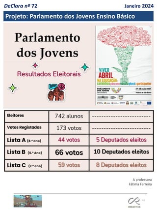 62
DeClara nº 72 Janeiro 2024
Projeto: Parlamento dos Jovens Ensino Básico
A professora
Fátima Ferreira
 