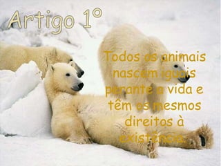 Artigo 1º Todos os animais nascem iguais perante a vida e têm os mesmos direitos à existência.  