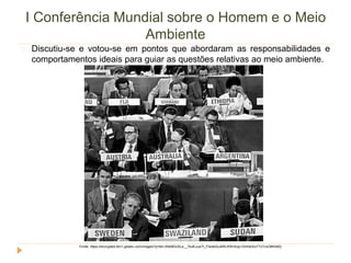 I Conferência Mundial sobre o Homem e o Meio 
Ambiente 
Discutiu-se e votou-se em pontos que abordaram as responsabilidades e 
comportamentos ideais para guiar as questões relativas ao meio ambiente. 
Fonte: https://encrypted-tbn1.gstatic.com/images?q=tbn:ANd9GcSLe__7kxfLuusTt_FIwiskSu4IRLRWcfcqc1Smhe3roTTxTvxO8hfx9Q 
 