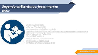 Segundo as Escrituras, Jesus morreu
Segundo as Escrituras, Jesus morreu
por...
por...
Paulo (Gálatas 2:20)
Paulo (Gálatas 2:20)
A Igreja (Efésios 5:25)
A Igreja (Efésios 5:25)
Todos os homens (1 Timóteo 2: 6)
Todos os homens (1 Timóteo 2: 6)
Todos os homens, especialmente aqueles que creem (1 Timóteo 4:10)
Todos os homens, especialmente aqueles que creem (1 Timóteo 4:10)
Todos os homens (Tito 2:11)
Todos os homens (Tito 2:11)
Todos (Hebreus 2: 9)
Todos (Hebreus 2: 9)
Muitas pessoas (Hebreus 9:28)
Muitas pessoas (Hebreus 9:28)
Os injustos (1 Pedro 3:18)
Os injustos (1 Pedro 3:18)
Os falsos profetas (2 Pedro 2: 1)
Os falsos profetas (2 Pedro 2: 1)
ASSEMBLEIA DE DEUS
ASSEMBLEIA DE DEUS
 