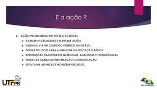 E a ação ?
 AÇÃO PRIORITÁRIA EM NÍVEL NACIONAL
 AVALIAR NECESSIDADES E PLANEJAR AÇÕES
 DESENVOLVER UM CONTEXTO POLÍTICO FAVORÁVEL
 DEFINIR POLÍTICAS PARA A MELHORIA DA EDUCAÇÃO BÁSICA
 APERFEIÇOAR CAPACIDADES GERENCIAIS, ANALÍTICAS E TECNOLÓGICAS
 MOBILIZAR CANAIS DE INFORMAÇÃO E COMUNICAÇÃO
 ESTRUTURAR ALIANÇAS E MOBILIZAR RECURSOS
 