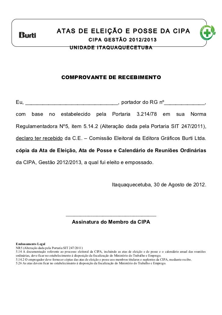 Declaração de recebimento das Atas da CIPA