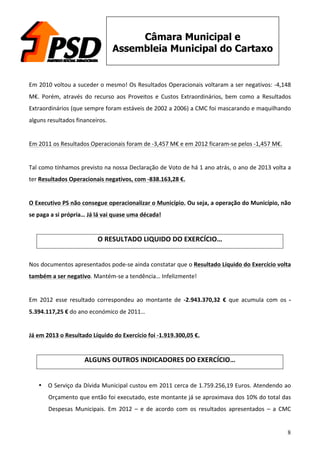 8
Câmara Municipal e
Assembleia Municipal do Cartaxo
	
  
Em	
  2010	
  voltou	
  a	
  suceder	
  o	
  mesmo!	
  Os	
  Resultados	
  Operacionais	
  voltaram	
  a	
  ser	
  negativos:	
  -­‐4,148	
  
M€.	
   Porém,	
   através	
   do	
   recurso	
   aos	
   Proveitos	
   e	
   Custos	
   Extraordinários,	
   bem	
   como	
   a	
   Resultados	
  
Extraordinários	
  (que	
  sempre	
  foram	
  estáveis	
  de	
  2002	
  a	
  2006)	
  a	
  CMC	
  foi	
  mascarando	
  e	
  maquilhando	
  
alguns	
  resultados	
  financeiros.	
  	
  
	
  
Em	
  2011	
  os	
  Resultados	
  Operacionais	
  foram	
  de	
  -­‐3,457	
  M€	
  e	
  em	
  2012	
  ficaram-­‐se	
  pelos	
  -­‐1,457	
  M€.	
  
	
  
Tal	
  como	
  tínhamos	
  previsto	
  na	
  nossa	
  Declaração	
  de	
  Voto	
  de	
  há	
  1	
  ano	
  atrás,	
  o	
  ano	
  de	
  2013	
  volta	
  a	
  
ter	
  Resultados	
  Operacionais	
  negativos,	
  com	
  -­‐838.163,28	
  €.	
  	
  
	
  
O	
  Executivo	
  PS	
  não	
  consegue	
  operacionalizar	
  o	
  Município.	
  Ou	
  seja,	
  a	
  operação	
  do	
  Município,	
  não	
  
se	
  paga	
  a	
  si	
  própria…	
  Já	
  lá	
  vai	
  quase	
  uma	
  década!	
  
	
  
O	
  RESULTADO	
  LIQUIDO	
  DO	
  EXERCÍCIO…	
  
	
  
Nos	
  documentos	
  apresentados	
  pode-­‐se	
  ainda	
  constatar	
  que	
  o	
  Resultado	
  Líquido	
  do	
  Exercício	
  volta	
  
também	
  a	
  ser	
  negativo.	
  Mantém-­‐se	
  a	
  tendência…	
  Infelizmente!	
  	
  
	
  
Em	
   2012	
   esse	
   resultado	
   correspondeu	
   ao	
   montante	
   de	
   -­‐2.943.370,32	
   €	
   que	
   acumula	
   com	
   os	
   -­‐
5.394.117,25	
  €	
  do	
  ano	
  económico	
  de	
  2011…	
  	
  
	
  
Já	
  em	
  2013	
  o	
  Resultado	
  Líquido	
  do	
  Exercício	
  foi	
  -­‐1.919.300,05	
  €.	
  
	
  
ALGUNS	
  OUTROS	
  INDICADORES	
  DO	
  EXERCÍCIO…	
  
	
  
• O	
  Serviço	
  da	
  Dívida	
  Municipal	
  custou	
  em	
  2011	
  cerca	
  de	
  1.759.256,19	
  Euros.	
  Atendendo	
  ao	
  
Orçamento	
  que	
  então	
  foi	
  executado,	
  este	
  montante	
  já	
  se	
  aproximava	
  dos	
  10%	
  do	
  total	
  das	
  
Despesas	
   Municipais.	
   Em	
   2012	
   –	
   e	
   de	
   acordo	
   com	
   os	
   resultados	
   apresentados	
   –	
   a	
   CMC	
  
 