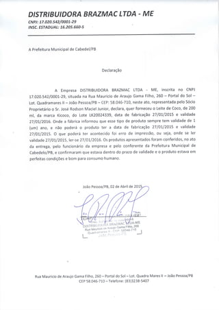 Declaração da Empresa Distribuidora Brazmac Ltda., de Cabedelo-PB sobre o leite de côco da Semana Santa (2015)