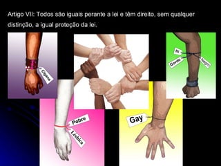 Artigo VII: Todos são iguais perante a lei e têm direito, sem qualquer distinção, a igual proteção da lei.   