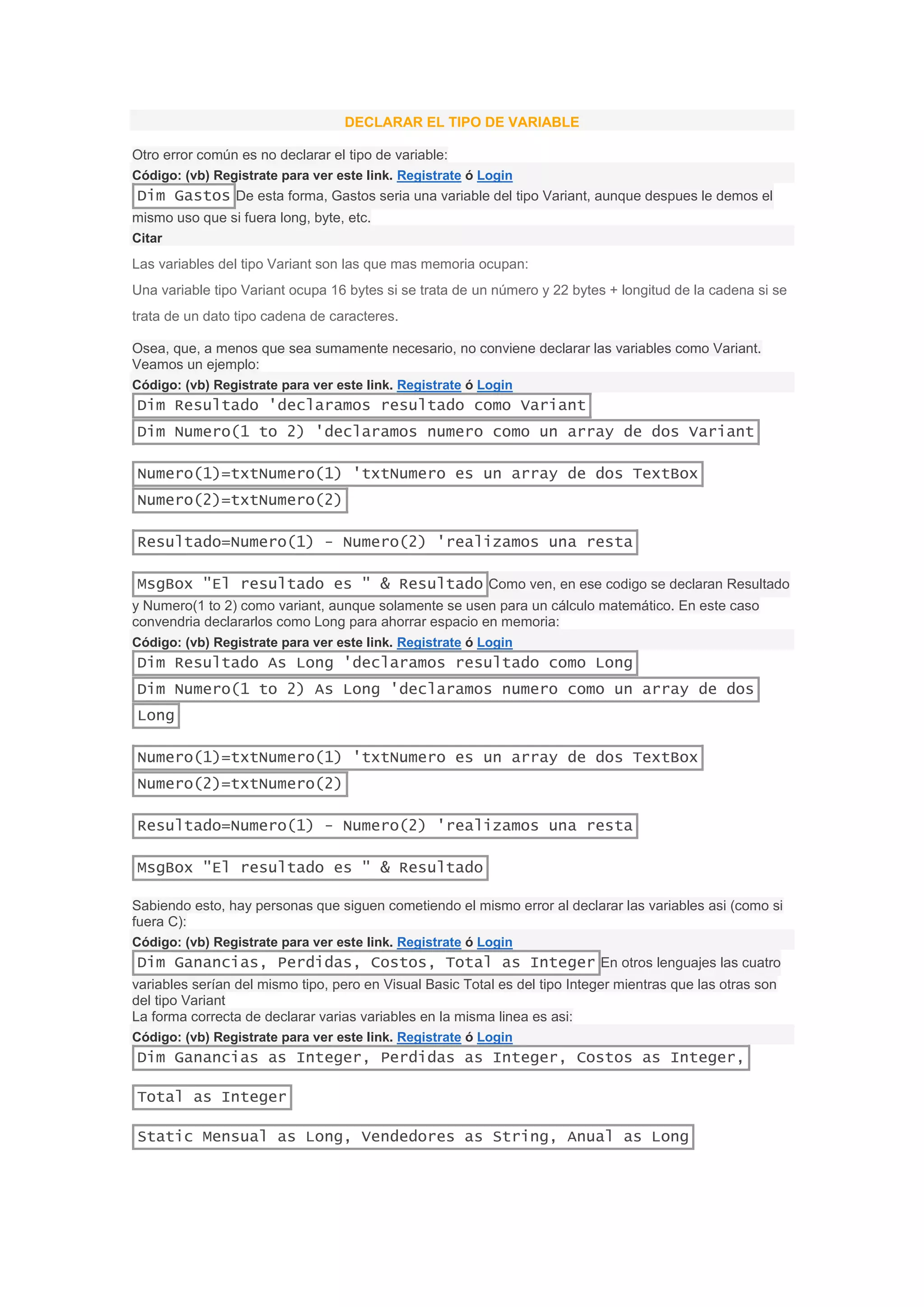 Declarar el tipo de variable visual basic | PDF