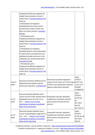 www.cabinetexpert.ro – stiri contabile, fiscale, resurse umane - la zi
înregistrarea/modificarea categoriilor de
obliga ii fiscale declarative înscrise înț
vectorul fiscal - Formularul electronic 700,
după caz.
- 020 Declara ie de înregistrareț
fiscală/Declara ie de men iuni pentruț ț
persoane fizice române i străine careș
de in cod numeric personal -ț Formularul
020 sau
- 700 Declara ie pentruț
înregistrarea/modificarea categoriilor de
obliga ii fiscale declarative înscrise înț
vectorul fiscal - Formularul electronic 700,
după caz.
- 070 Declara ie de înregistrareț
fiscală/Declara ie de men iuni/Declara ieț ț ț
de radiere pentru persoanele fizice care
desfă oară activită i economice în modș ț
independent sau exercită profesii libere -
Formularul 070 sau
- 700 Declara ie pentruț
înregistrarea/modificarea categoriilor de
obliga ii fiscale declarative înscrise înț
vectorul fiscal - Formularul electronic 700,
după caz.
mar i 10ț
aprilie
Depunerea formularului Notificare privind
aplicarea/încetarea aplicării regimului
special pentru agricultori - Formularul 087
Persoanele impozabile înregistrate în
scopuri de TVA conform art. 316 din Legea
227/2015, care optează pentru aplicarea
regimului special pentru agricultori.
Legea
227/2015
art.315
1
alin.
(1) lit c) i d)ș
OPANAF
nr.3698/2016
luni 16
aprilie
Depunerea Situa iei eliberărilor pentruț
consum de tutun fin tăiat, destinat rulării în
igarete/alte tutunuri de fumat în luna ...ț
anul ... - Anexa nr.4 din normele
metodologice de aplicare a prevederilor
titlului VIII din Codul fiscal
Antrepozitarii autoriza i, destinatariiț
înregistra i sau importatorii autoriza iț ț
pentru produse din grupa tutunului
prelucrat
Legea
227/2015
art.354 alin.
(8)
HG 1/2016
titlul VIII
pct.13 alin.(1)
luni 16
aprilie
Depunerea Situa iei eliberărilor pentruț
consum de igarete/ igări i igări de foi înț ț ș ț
luna ... anul ... - Anexa nr.3 din normele
metodologice de aplicare a prevederilor
titlului VIII din Codul fiscal
Antrepozitarii autoriza i, destinatariiț
înregistra i sau importatorii autoriza iț ț
pentru produse din grupa tutunului
prelucrat
Legea
227/2015
art.354 alin.(8)
HG 1/2016
titlul VIII
Contabili pe Facebook – grup de intrebari si raspunsuri - https://www.facebook.com/groups/461223925594/
Contabili si resurse pentru ei – pagina stiri contabile si nu numai - https://www.facebook.com/fiscalitate/
www.cabinetexpert.ro – stiri contabile, fiscale, resurse umane - la zi
 