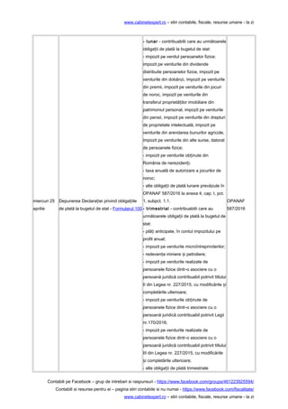 www.cabinetexpert.ro – stiri contabile, fiscale, resurse umane - la zi
miercuri 25
aprilie
Depunerea Declara iei privind obliga iileț ț
de plată la bugetul de stat - Formularul 100
- lunar - contribuabilii care au următoarele
obliga ii de plată la bugetul de stat:ț
- impozit pe venitul persoanelor fizice:
impozit pe veniturile din dividende
distribuite persoanelor fizice, impozit pe
veniturile din dobânzi, impozit pe veniturile
din premii, impozit pe veniturile din jocuri
de noroc, impozit pe veniturile din
transferul proprietă ilor imobiliare dinț
patrimoniul personal, impozit pe veniturile
din pensii, impozit pe veniturile din drepturi
de proprietate intelectuală, impozit pe
veniturile din arendarea bunurilor agricole,
impozit pe veniturile din alte surse, datorat
de persoanele fizice;
- impozit pe veniturile ob inute dinț
România de nereziden i;ț
- taxa anuală de autorizare a jocurilor de
noroc;
- alte obliga ii de plată lunare prevăzute înț
OPANAF 587/2016 la anexa 4, cap. I, pct.
1, subpct. 1.1.
- trimestrial - contribuabilii care au
următoarele obliga ii de plată la bugetul deț
stat:
- plă i anticipate, în contul impozitului peț
profit anual;
- impozit pe veniturile microîntreprinderilor;
- redeven e miniere i petroliere;ț ș
- impozit pe veniturile realizate de
persoanele fizice dintr-o asociere cu o
persoană juridică contribuabil potrivit titlului
II din Legea nr. 227/2015, cu modificările iș
completările ulterioare;
- impozit pe veniturile ob inute deț
persoanele fizice dintr-o asociere cu o
persoană juridică contribuabil potrivit Legii
nr.170/2016;
- impozit pe veniturile realizate de
persoanele fizice dintr-o asociere cu o
persoană juridică contribuabil potrivit titlului
III din Legea nr. 227/2015, cu modificările
i completările ulterioare;ș
- alte obliga ii de plată trimestrialeț
OPANAF
587/2016
Contabili pe Facebook – grup de intrebari si raspunsuri - https://www.facebook.com/groups/461223925594/
Contabili si resurse pentru ei – pagina stiri contabile si nu numai - https://www.facebook.com/fiscalitate/
www.cabinetexpert.ro – stiri contabile, fiscale, resurse umane - la zi
 