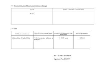 X - Biens mobiliers, immobiliers et comptes détenus à l'étranger

                                          NATURE                                                          VALEUR A LA DATE DE LA DECLARATION


                                          NEANT




XI- Passif


                                                   MONTANT TOTAL et durée de l’emprunt   SOMME RESTANT à rembourser à la date   MONTANT des mensualités
      NATURE, date et objet de la dette
                                                                                                 de la déclaration


Prêt immobilier (03 juillet 2012)              71 336 €, dernière échéance le                     31 099,33 euros                    1 303,46 €
                                               05/05/2015




                                                                                         Fait à PARIS, le 8 avril 2013

                                                                                         Signature : Pascal CANFIN
 