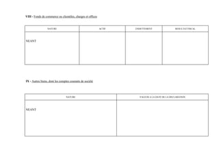 VIII - Fonds de commerce ou clientèles, charges et offices


                 NATURE                                      ACTIF   ENDETTEMENT                 RESULTAT FISCAL




NEANT




IX - Autres biens, dont les comptes courants de société




                                 NATURE                                VALEUR A LA DATE DE LA DECLARATION




NEANT
 