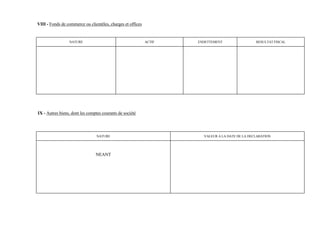 VIII - Fonds de commerce ou clientèles, charges et offices


                 NATURE                                      ACTIF   ENDETTEMENT                 RESULTAT FISCAL




IX - Autres biens, dont les comptes courants de société




                                 NATURE                                VALEUR A LA DATE DE LA DECLARATION




                                NEANT
 