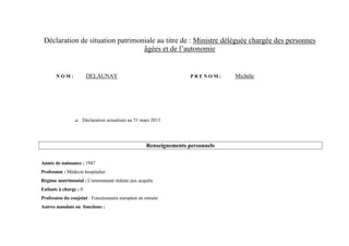 Déclaration de situation patrimoniale au titre de : Ministre déléguée chargée des personnes
                                  âgées et de l’autonomie


       NOM:            DELAUNAY                                      PRENOM:     Michèle




                   Déclaration actualisée au 31 mars 2013




                                                     Renseignements personnels

Année de naissance : 1947
Profession : Médecin hospitalier
Régime matrimonial : Communauté réduite aux acquêts
Enfants à charge : 0
Profession du conjoint : Fonctionnaire européen en retraite
Autres mandats ou fonctions :
 