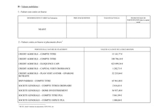 II - Valeurs mobilières :

1 - Valeurs non cotées en bourse

               DENOMINATION ET OBJET de l'entreprise          PRIX D'ACQUISITION      VALEUR ACTUELLE             POURCENTAGE DE
                                                                                                              PARTICIPATION dans le capital
                                                                                                                        social



                               NEANT




2 - Valeurs cotées en bourse et placements divers 1


                          PORTEFEUILLE, NATURE DU PLACEMENT                        VALEUR A LA DATE DE LA DECLARATION

CREDIT AGRICOLE – COMPTE TITRE                                                                13 141,77 €

CREDIT AGRICOLE – COMPTE TITRE                                                                100 786,10 €

CREDIT AGRICOLE – ELOQUENCE CAPI                                                              823 099,34 €

CREDIT AGRICOLE – CAPITAL VERT CROISSANCE                                                      1 202,71 €

CREDIT AGRICOLE – PLAN VERT AVENIR – EPARGNE                                                  32 233,04 €
RETRAITE

BNP PARIBAS – COMPTE TITRE                                                                    65 961,00 €

SOCIETE GENERALE – COMPTE TITRES ORDINAIRE                                                     2 816,01 €

SOCIETE GENERALE – DOME INVESTISSEMENT                                                        54 937,48 €

SOCIETE GENERALE – COMPTE TITRE PEA                                                            5 861,99 €

SOCIETE GENERALE – COMPTE ESPECE PEA                                                           1 088,04 €

1
    SICAV, fonds Communs de placements, SCPI, PEA, etc
 