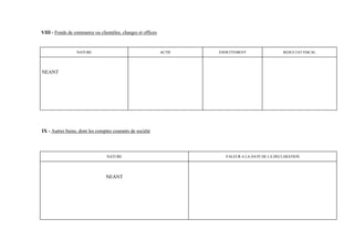 VIII - Fonds de commerce ou clientèles, charges et offices


                 NATURE                                      ACTIF   ENDETTEMENT                 RESULTAT FISCAL




NEANT




IX - Autres biens, dont les comptes courants de société




                                 NATURE                                VALEUR A LA DATE DE LA DECLARATION




                                NEANT
 