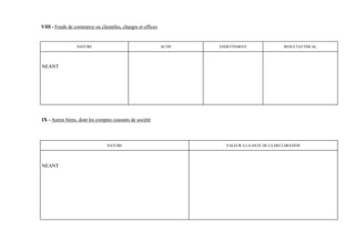 VIII - Fonds de commerce ou clientèles, charges et offices


                 NATURE                                      ACTIF   ENDETTEMENT                 RESULTAT FISCAL




NEANT




IX - Autres biens, dont les comptes courants de société




                                 NATURE                                VALEUR A LA DATE DE LA DECLARATION




NEANT
 