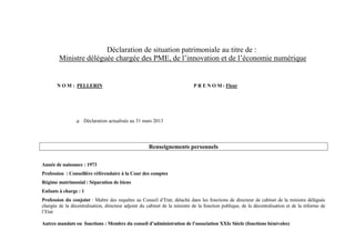 Déclaration de situation patrimoniale au titre de :
        Ministre déléguée chargée des PME, de l’innovation et de l’économie numérique


       N O M : PELLERIN                                                     P R E N O M : Fleur




                    Déclaration actualisée au 31 mars 2013




                                                     Renseignements personnels

Année de naissance : 1973
Profession : Conseillère référendaire à la Cour des comptes
Régime matrimonial : Séparation de biens
Enfants à charge : 1
Profession du conjoint : Maître des requêtes au Conseil d’Etat, détaché dans les fonctions de directeur de cabinet de la ministre déléguée
chargée de la décentralisation, directeur adjoint du cabinet de la ministre de la fonction publique, de la décentralisation et de la réforme de
l’Etat

Autres mandats ou fonctions : Membre du conseil d’administration de l’association XXIe Siècle (fonctions bénévoles)
 