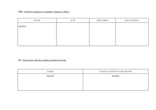 VIII - Fonds de commerce ou clientèles, charges et offices


                 NATURE                                      ACTIF   ENDETTEMENT                 RESULTAT FISCAL


NEANT




IX - Autres biens, dont les comptes courants de société




                                 NATURE                                VALEUR A LA DATE DE LA DECLARATION

                                NEANT                                               NEANT
 