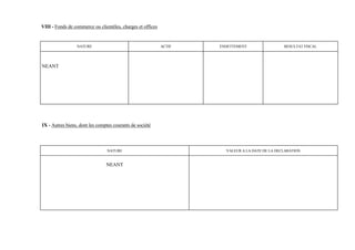 VIII - Fonds de commerce ou clientèles, charges et offices


                 NATURE                                      ACTIF   ENDETTEMENT                 RESULTAT FISCAL




NEANT




IX - Autres biens, dont les comptes courants de société




                                 NATURE                                VALEUR A LA DATE DE LA DECLARATION


                                NEANT
 