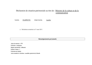 Déclaration de situation patrimoniale au titre de : Ministre de la culture et de la
                                                               communication


        NOM:                FILIPPETTI             PRENOM:            Aurélie




                           Déclaration actualisée au 31 mars 2013




                                                            Renseignements personnels

Année de naissance : 1973
Profession : enseignante
Régime matrimonial : célibataire
Enfants à charge : 1
Profession du conjoint :
Autres mandats ou fonctions : conseillère générale de la Moselle
 