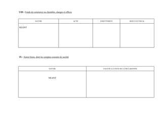 VIII - Fonds de commerce ou clientèles, charges et offices


                 NATURE                                      ACTIF   ENDETTEMENT                 RESULTAT FISCAL


NEANT




IX - Autres biens, dont les comptes courants de société




                                 NATURE                                VALEUR A LA DATE DE LA DECLARATION




                                NEANT
 