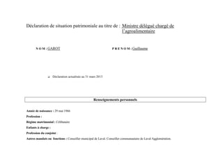Déclaration de situation patrimoniale au titre de : Ministre délégué chargé de
                                                    l’agroalimentaire


       N O M : GAROT                                            P R E N O M : Guillaume




                    Déclaration actualisée au 31 mars 2013




                                                    Renseignements personnels

Année de naissance : 29 mai 1966
Profession :
Régime matrimonial : Célibataire
Enfants à charge :
Profession du conjoint :
Autres mandats ou fonctions : Conseiller municipal de Laval. Conseiller communautaire de Laval Agglomération.
 